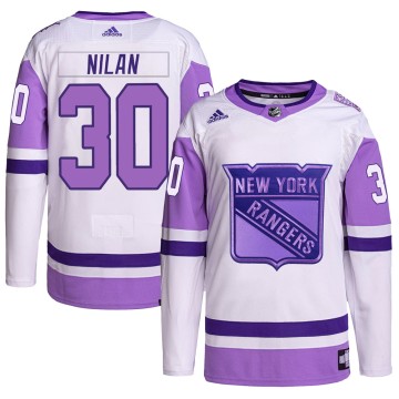 Authentic Adidas Men's Chris Nilan New York Rangers Hockey Fights Cancer Primegreen Jersey - White/Purple