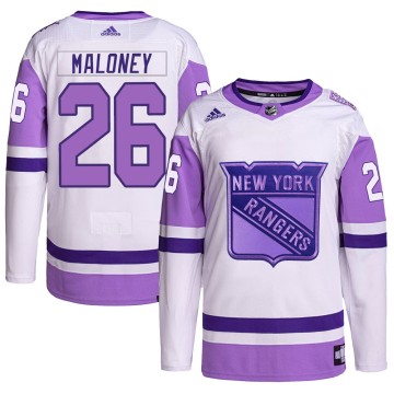 Authentic Adidas Men's Dave Maloney New York Rangers Hockey Fights Cancer Primegreen Jersey - White/Purple