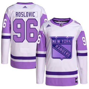 Authentic Adidas Men's Jack Roslovic New York Rangers Hockey Fights Cancer Primegreen Jersey - White/Purple