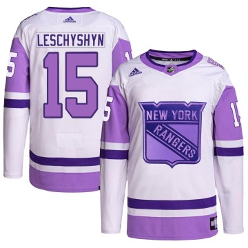 Authentic Adidas Men's Jake Leschyshyn New York Rangers Hockey Fights Cancer Primegreen Jersey - White/Purple