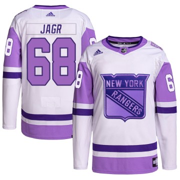 Authentic Adidas Men's Jaromir Jagr New York Rangers Hockey Fights Cancer Primegreen Jersey - White/Purple
