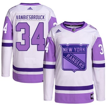 Authentic Adidas Men's John Vanbiesbrouck New York Rangers Hockey Fights Cancer Primegreen Jersey - White/Purple