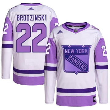 Authentic Adidas Men's Jonny Brodzinski New York Rangers Hockey Fights Cancer Primegreen Jersey - White/Purple