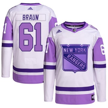 Authentic Adidas Men's Justin Braun New York Rangers Hockey Fights Cancer Primegreen Jersey - White/Purple