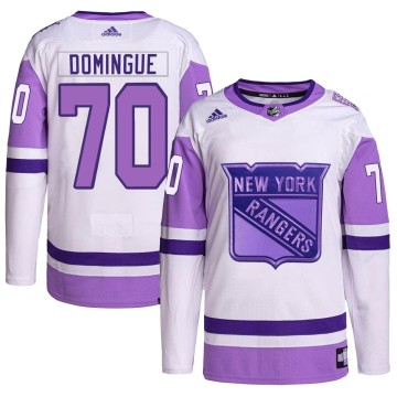 Authentic Adidas Men's Louis Domingue New York Rangers Hockey Fights Cancer Primegreen Jersey - White/Purple