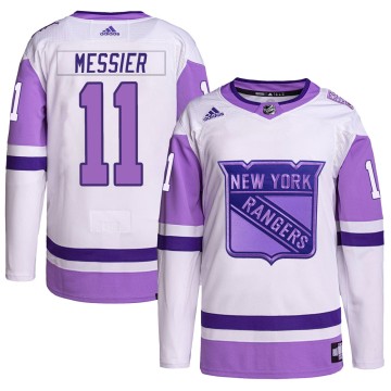 Authentic Adidas Men's Mark Messier New York Rangers Hockey Fights Cancer Primegreen Jersey - White/Purple