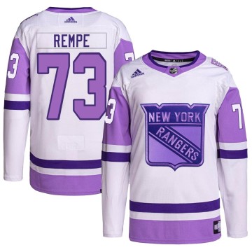 Authentic Adidas Men's Matt Rempe New York Rangers Hockey Fights Cancer Primegreen Jersey - White/Purple