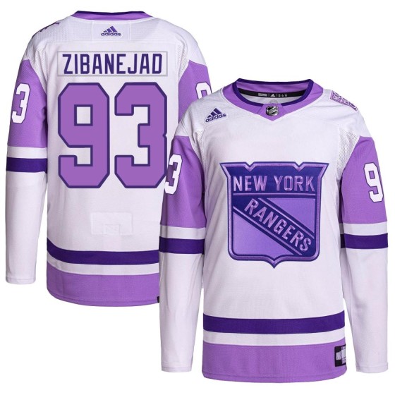 Authentic Adidas Men's Mika Zibanejad New York Rangers Hockey Fights Cancer Primegreen Jersey - White/Purple