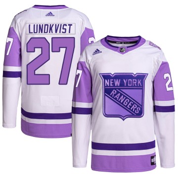 Authentic Adidas Men's Nils Lundkvist New York Rangers Hockey Fights Cancer Primegreen Jersey - White/Purple