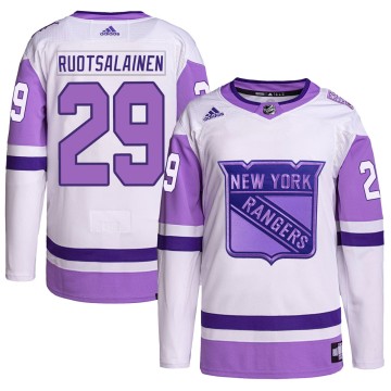 Authentic Adidas Men's Reijo Ruotsalainen New York Rangers Hockey Fights Cancer Primegreen Jersey - White/Purple