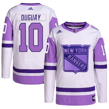 Authentic Adidas Men's Ron Duguay New York Rangers Hockey Fights Cancer Primegreen Jersey - White/Purple