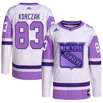 Authentic Adidas Men's Ryder Korczak New York Rangers Hockey Fights Cancer Primegreen Jersey - White/Purple