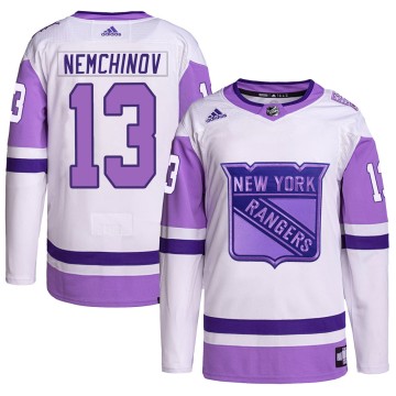 Authentic Adidas Men's Sergei Nemchinov New York Rangers Hockey Fights Cancer Primegreen Jersey - White/Purple