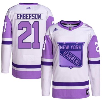 Authentic Adidas Men's Ty Emberson New York Rangers Hockey Fights Cancer Primegreen Jersey - White/Purple