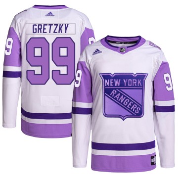 Authentic Adidas Men's Wayne Gretzky New York Rangers Hockey Fights Cancer Primegreen Jersey - White/Purple
