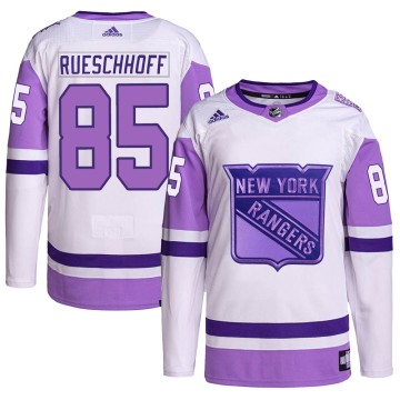 Authentic Adidas Youth Austin Rueschhoff New York Rangers Hockey Fights Cancer Primegreen Jersey - White/Purple