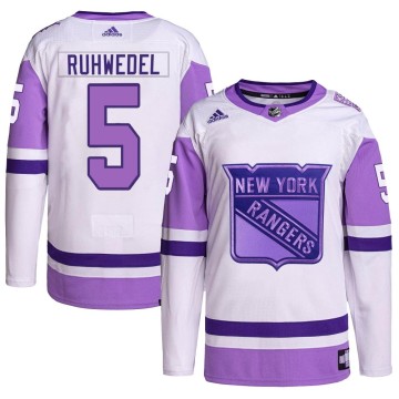 Authentic Adidas Youth Chad Ruhwedel New York Rangers Hockey Fights Cancer Primegreen Jersey - White/Purple