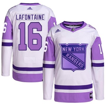 Authentic Adidas Youth Pat Lafontaine New York Rangers Hockey Fights Cancer Primegreen Jersey - White/Purple